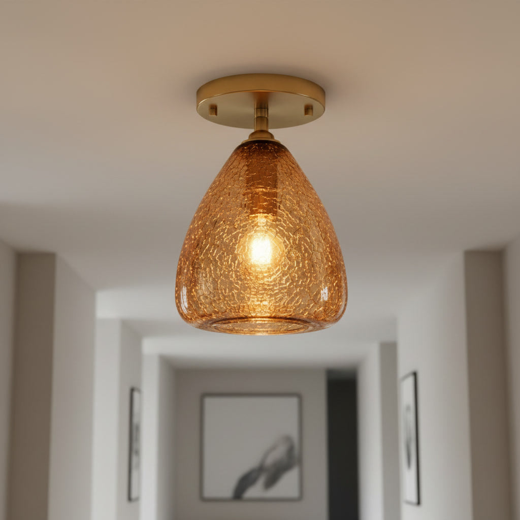 Amber Crackle Glass Flush Mount Ceiling Light – Hand Blown Brass Ceiling Fixture
