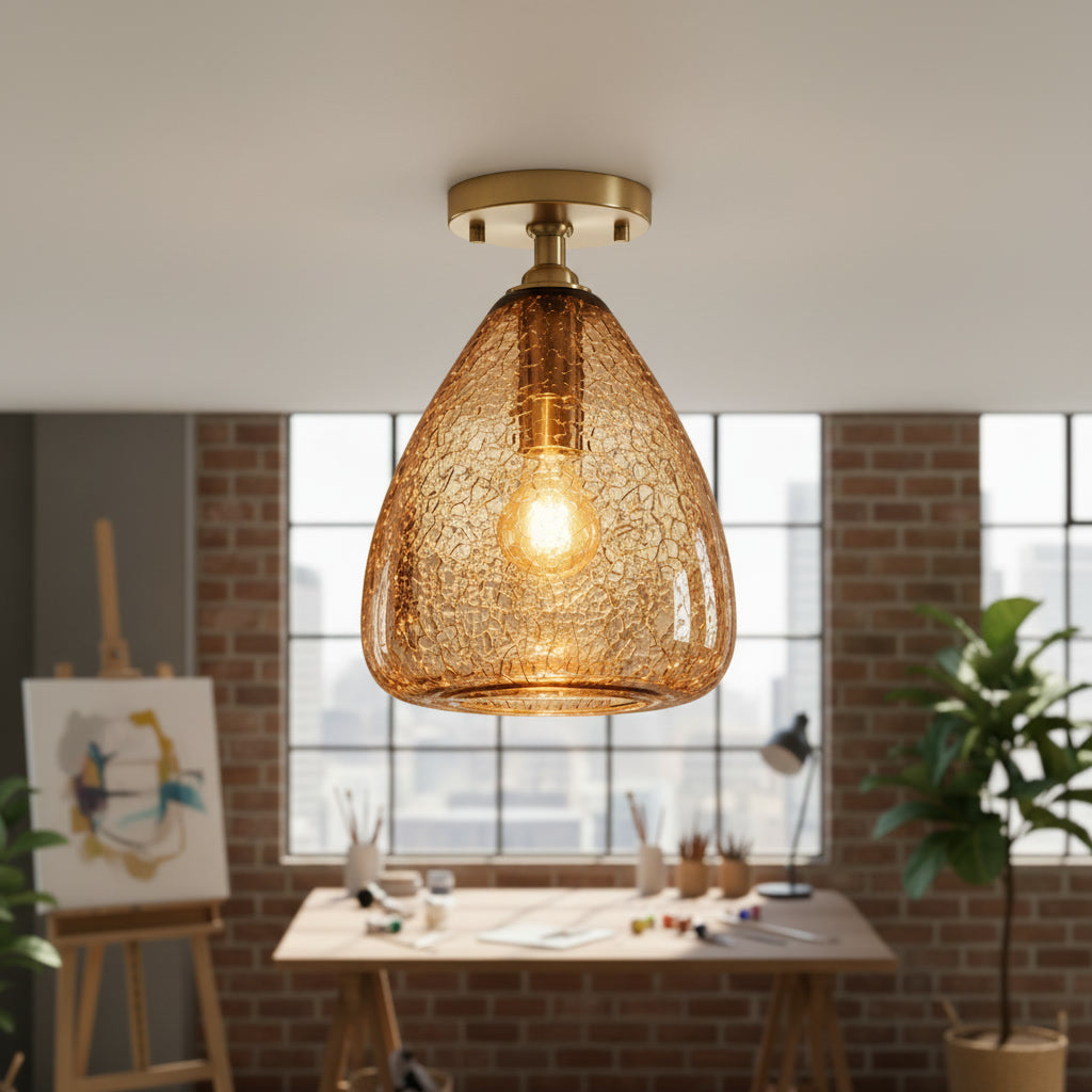 Amber Crackle Glass Flush Mount Ceiling Light – Hand Blown Brass Ceiling Fixture
