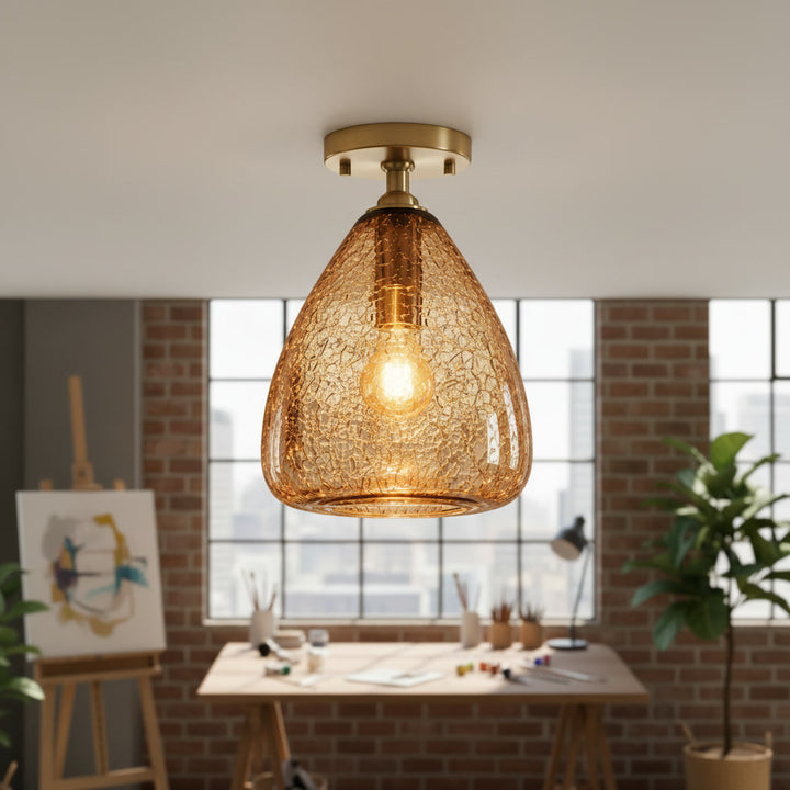 Amber Crackle Glass Flush Mount Ceiling Light – Hand Blown Brass Ceiling Fixture