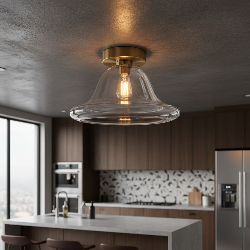 Clear Glass Flush Mount Ceiling Light – Hand Blown Bell Shade with Brass Canopy