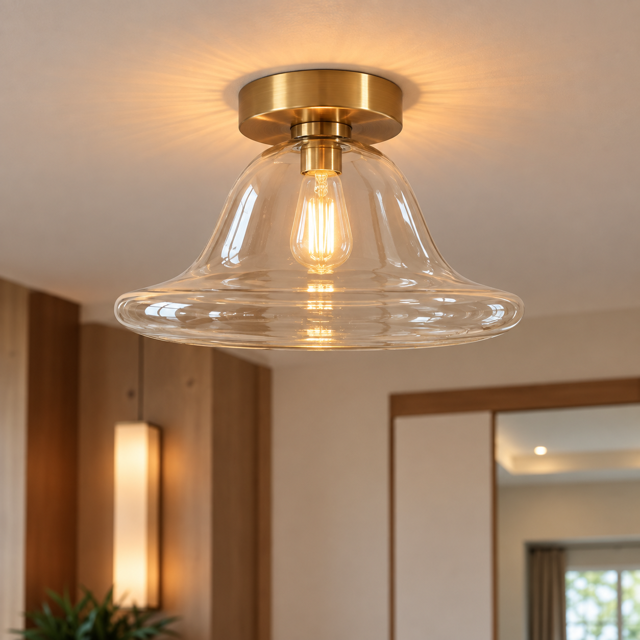 Clear Glass Flush Mount Ceiling Light – Hand Blown Bell Shade with Brass Canopy