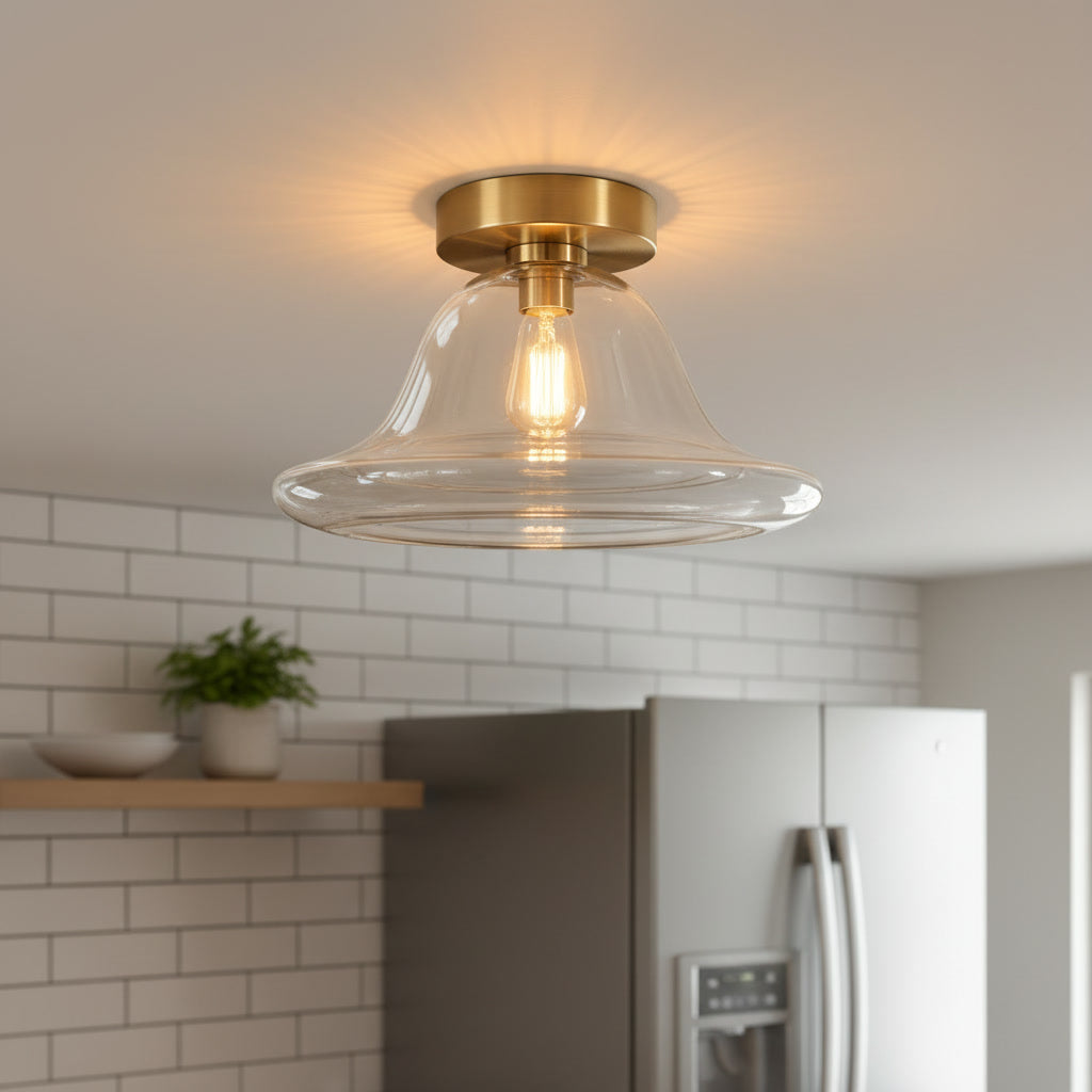 Clear Glass Flush Mount Ceiling Light – Hand Blown Bell Shade with Brass Canopy