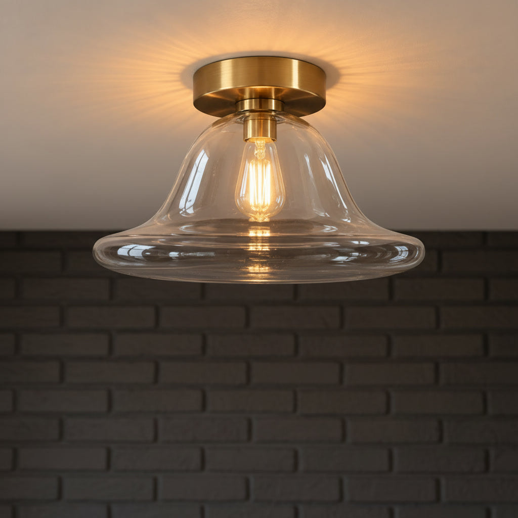 Clear Glass Flush Mount Ceiling Light – Hand Blown Bell Shade with Brass Canopy