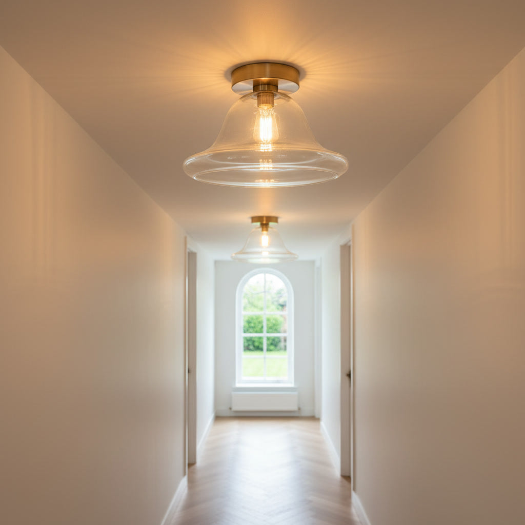 Clear Glass Flush Mount Ceiling Light – Hand Blown Bell Shade with Brass Canopy