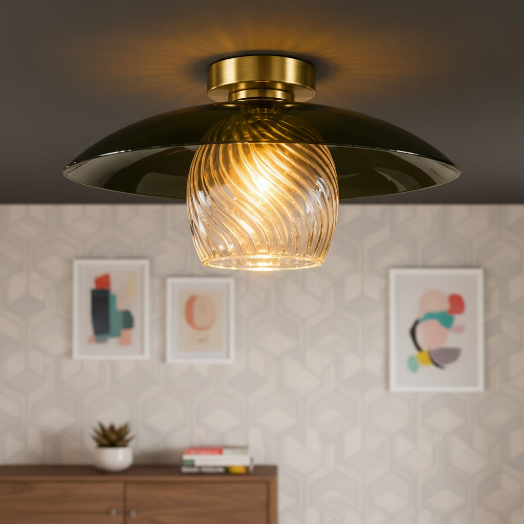 Green Glass Flush Mount Ceiling Light – Ribbed Clear Glass with Brass Canopy