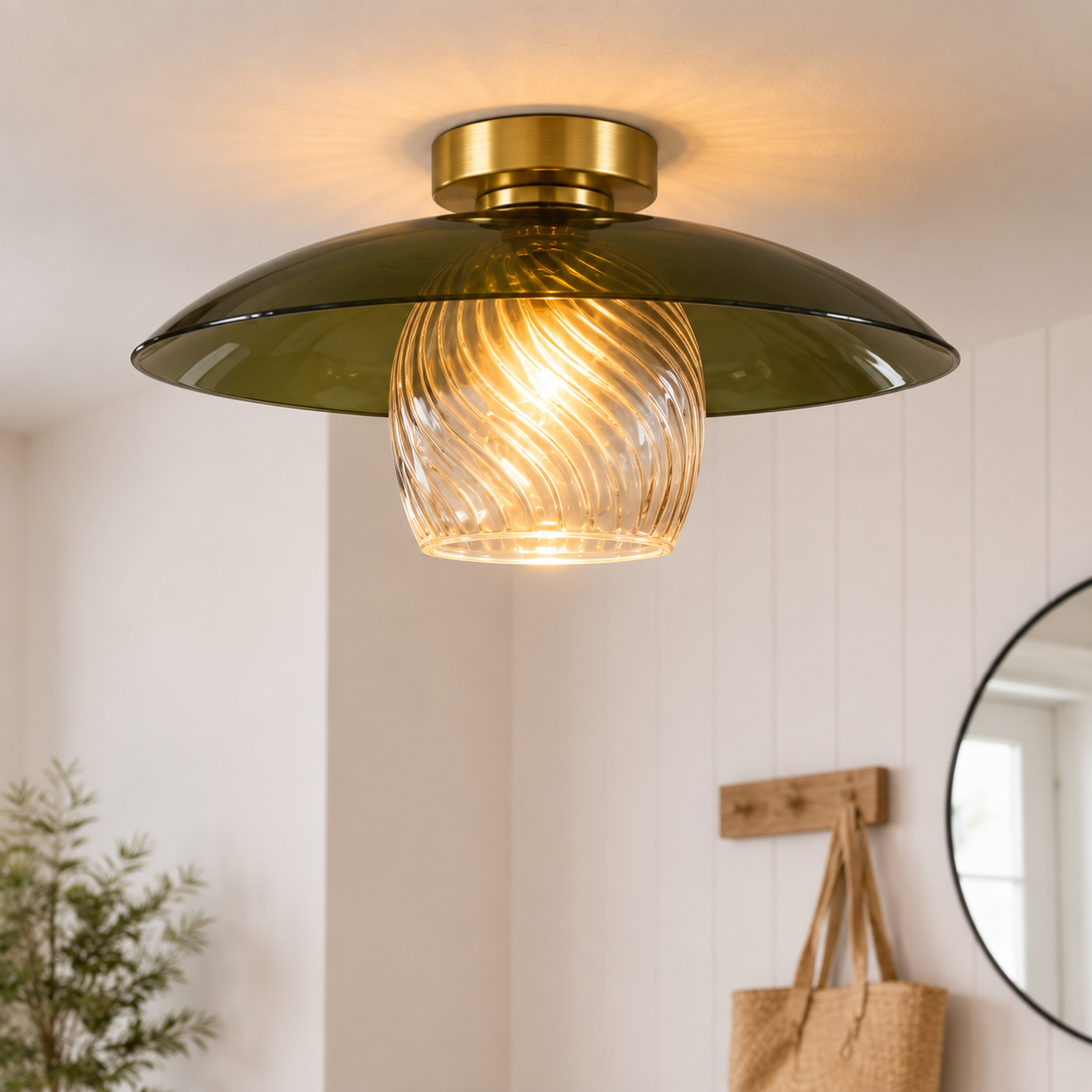 Green Glass Flush Mount Ceiling Light – Ribbed Clear Glass with Brass Canopy