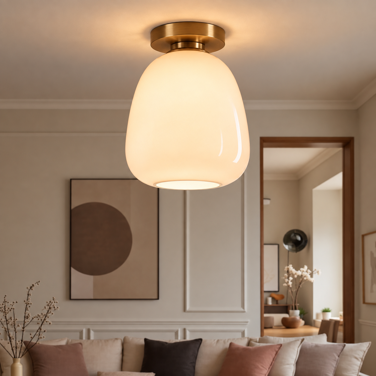 Opal White Glass Flush Mount Ceiling Light – Hand Blown Glass with Brass Canopy
