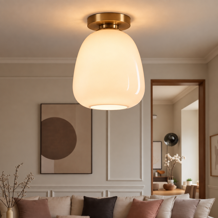 Opal White Glass Flush Mount Ceiling Light – Hand Blown Glass with Brass Canopy