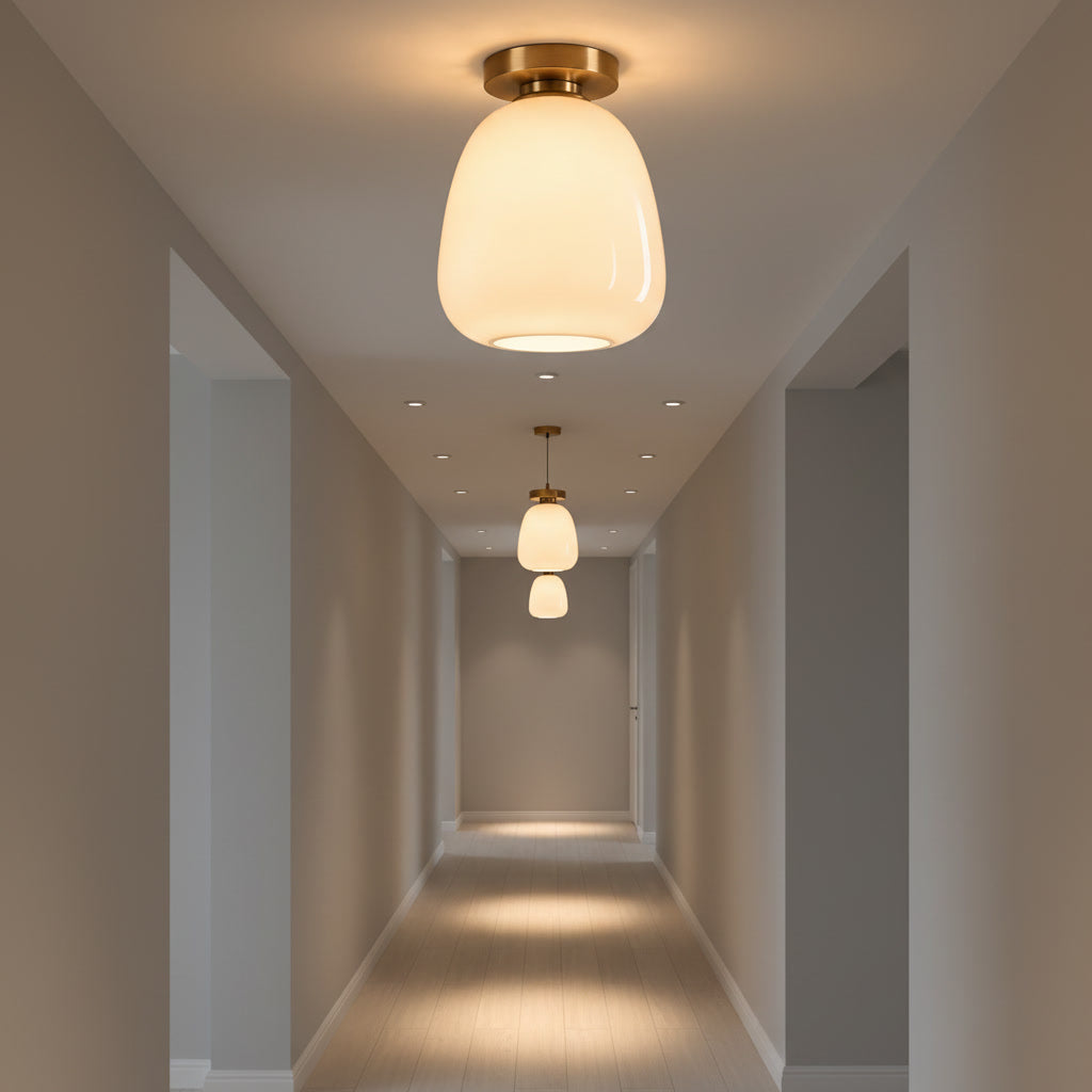 Opal White Glass Flush Mount Ceiling Light – Hand Blown Glass with Brass Canopy