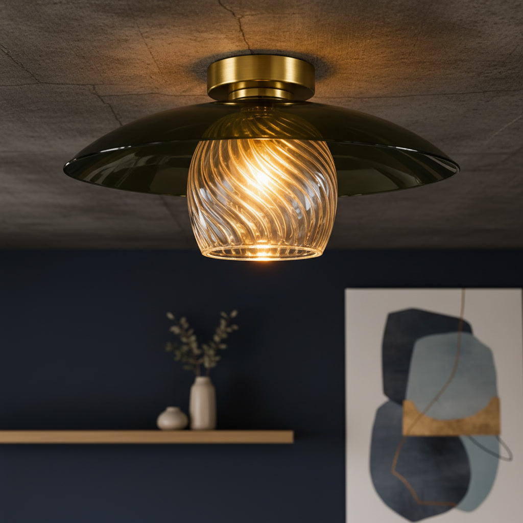 Green Glass Flush Mount Ceiling Light – Ribbed Clear Glass with Brass Canopy