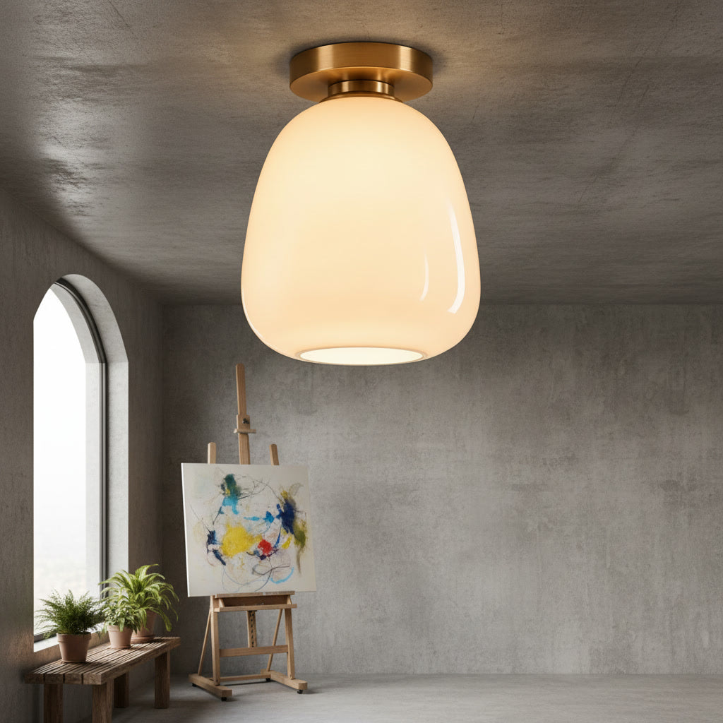 Opal White Glass Flush Mount Ceiling Light – Hand Blown Glass with Brass Canopy