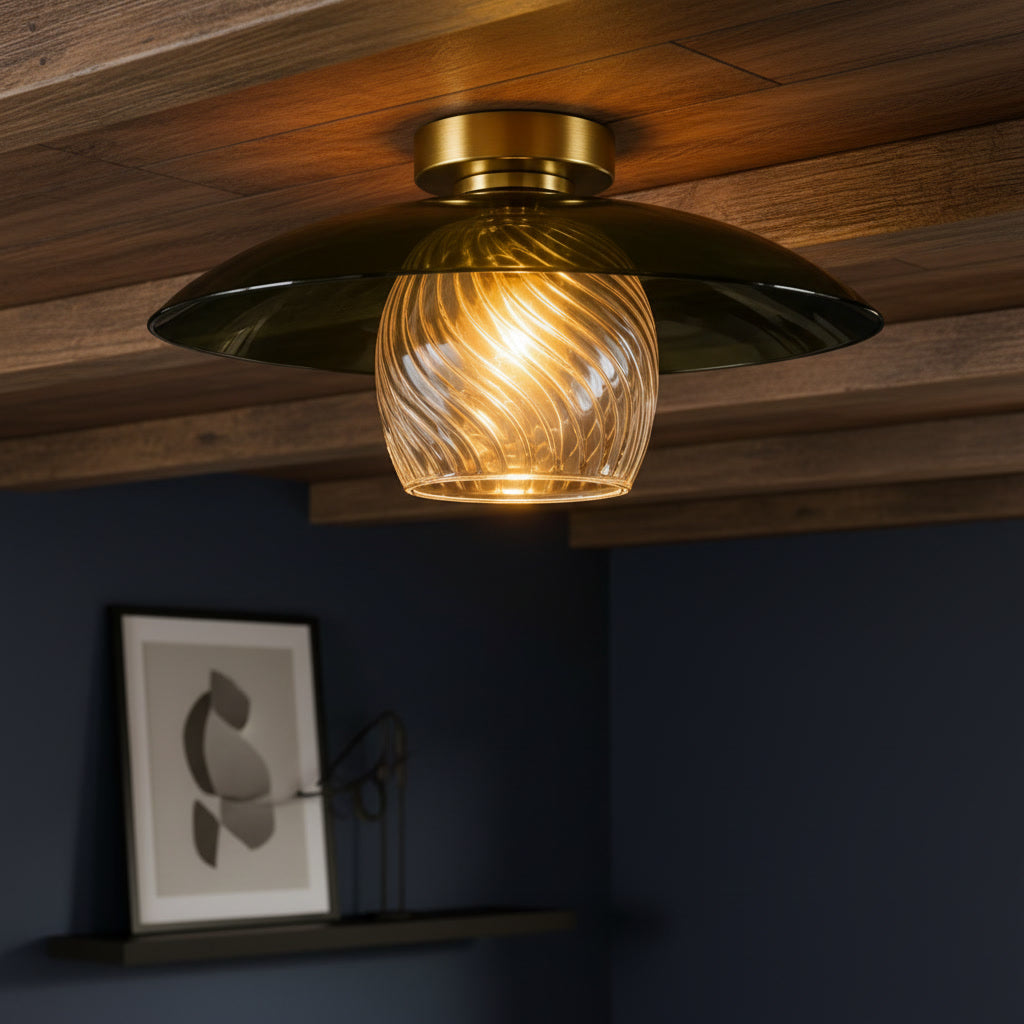 Green Glass Flush Mount Ceiling Light – Ribbed Clear Glass with Brass Canopy