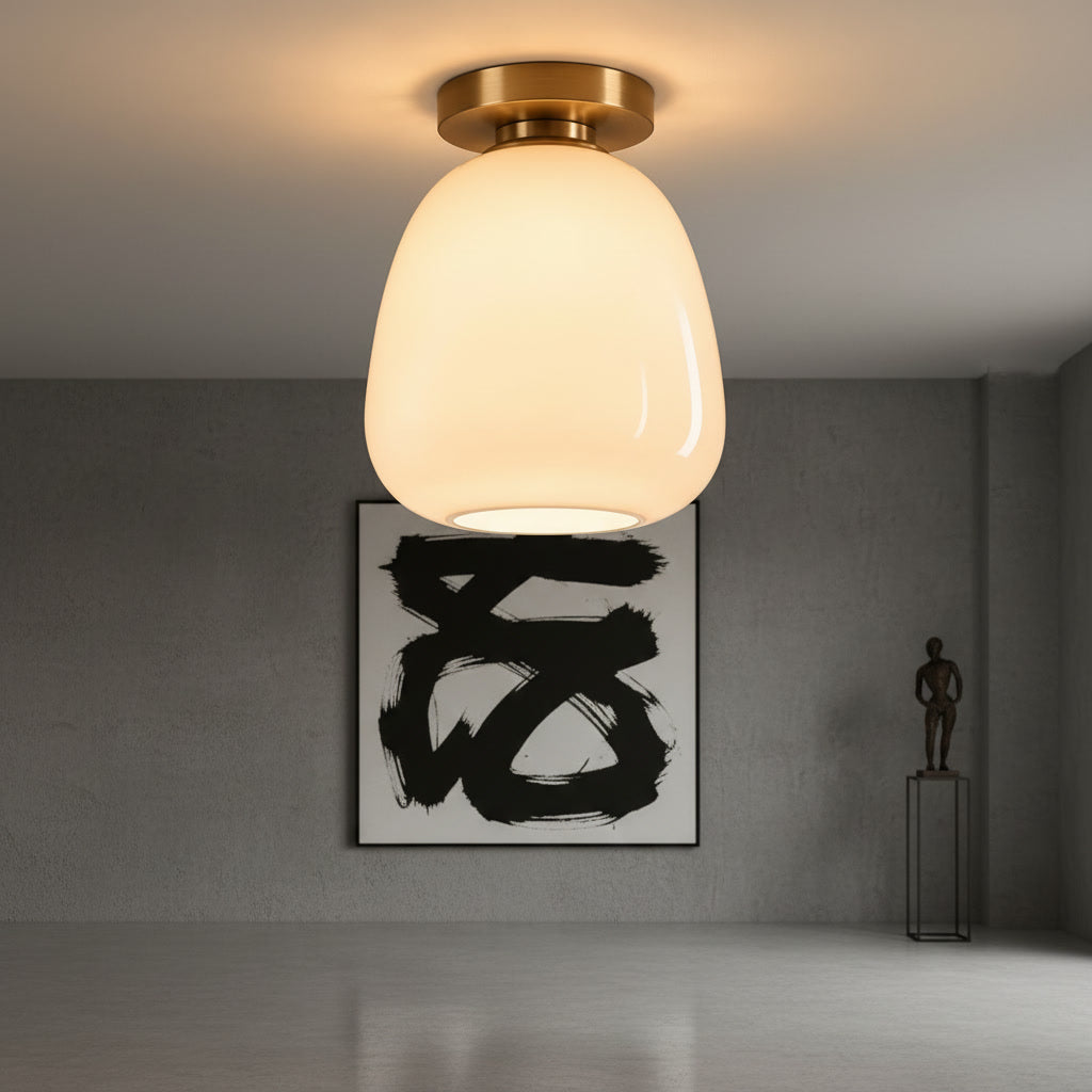 Opal White Glass Flush Mount Ceiling Light – Hand Blown Glass with Brass Canopy