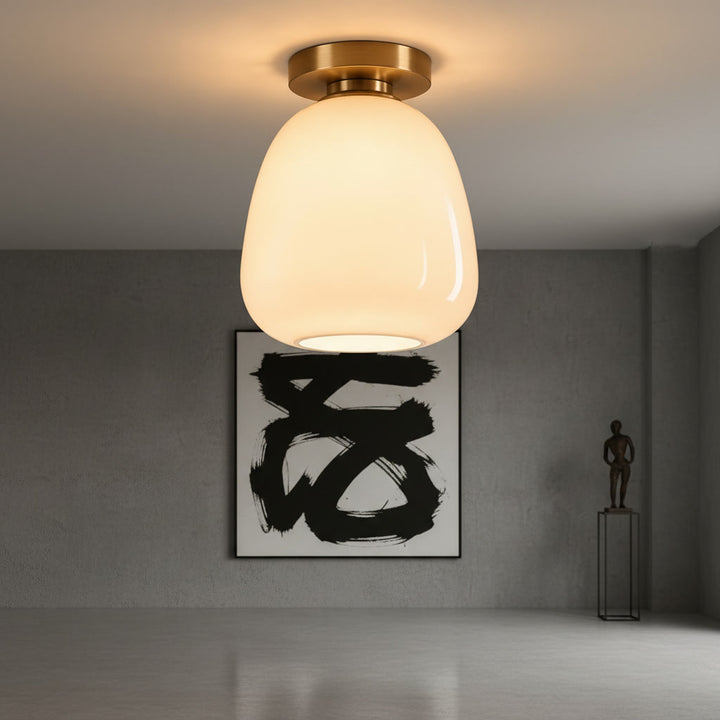 Opal White Glass Flush Mount Ceiling Light – Hand Blown Glass with Brass Canopy