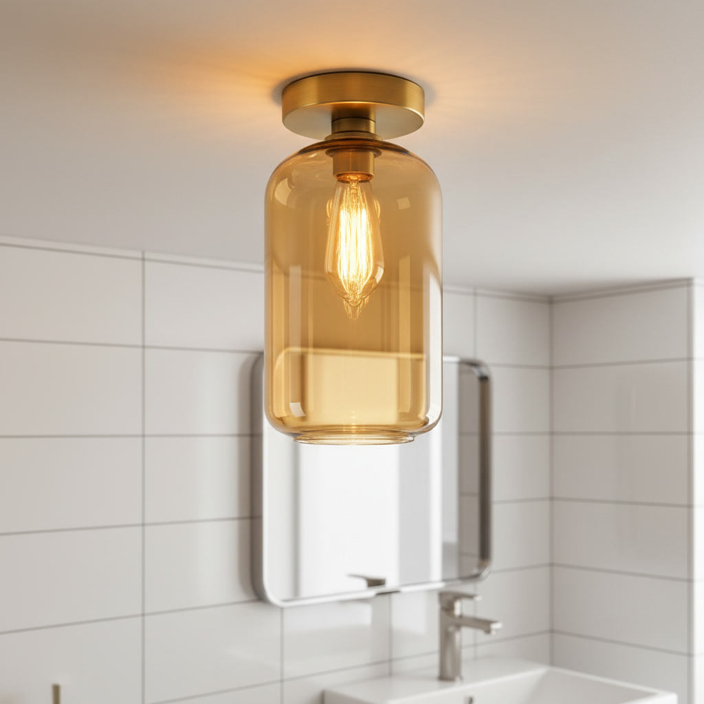 Amber Glass Flush Mount Ceiling Light – Handmade Modern Brass Ceiling Fixture