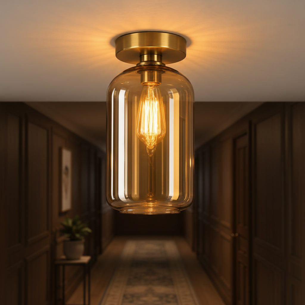 Amber Glass Flush Mount Ceiling Light – Handmade Modern Brass Ceiling Fixture