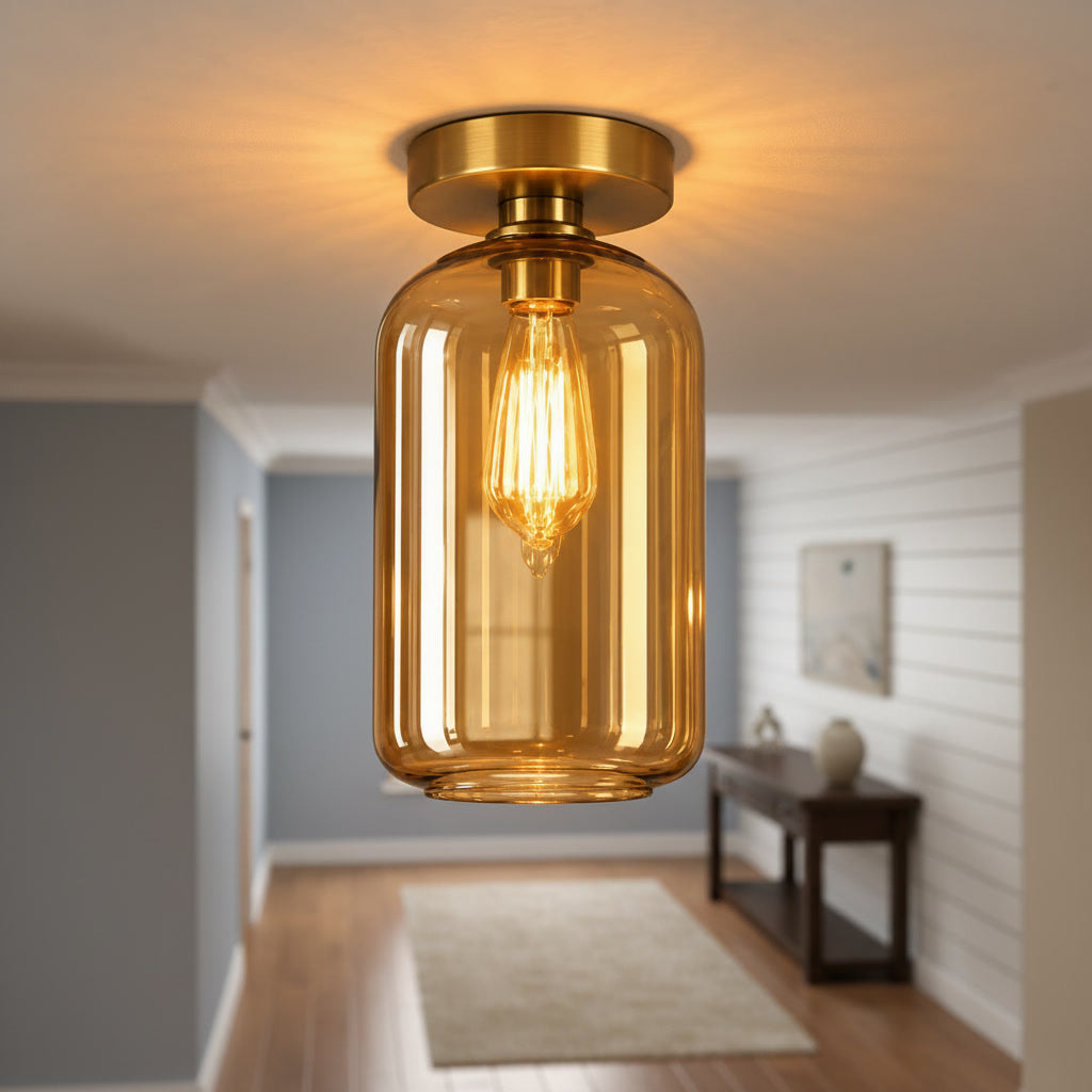 Amber Glass Flush Mount Ceiling Light – Handmade Modern Brass Ceiling Fixture