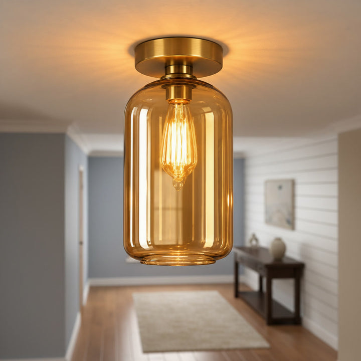 Amber Glass Flush Mount Ceiling Light – Handmade Modern Brass Ceiling Fixture