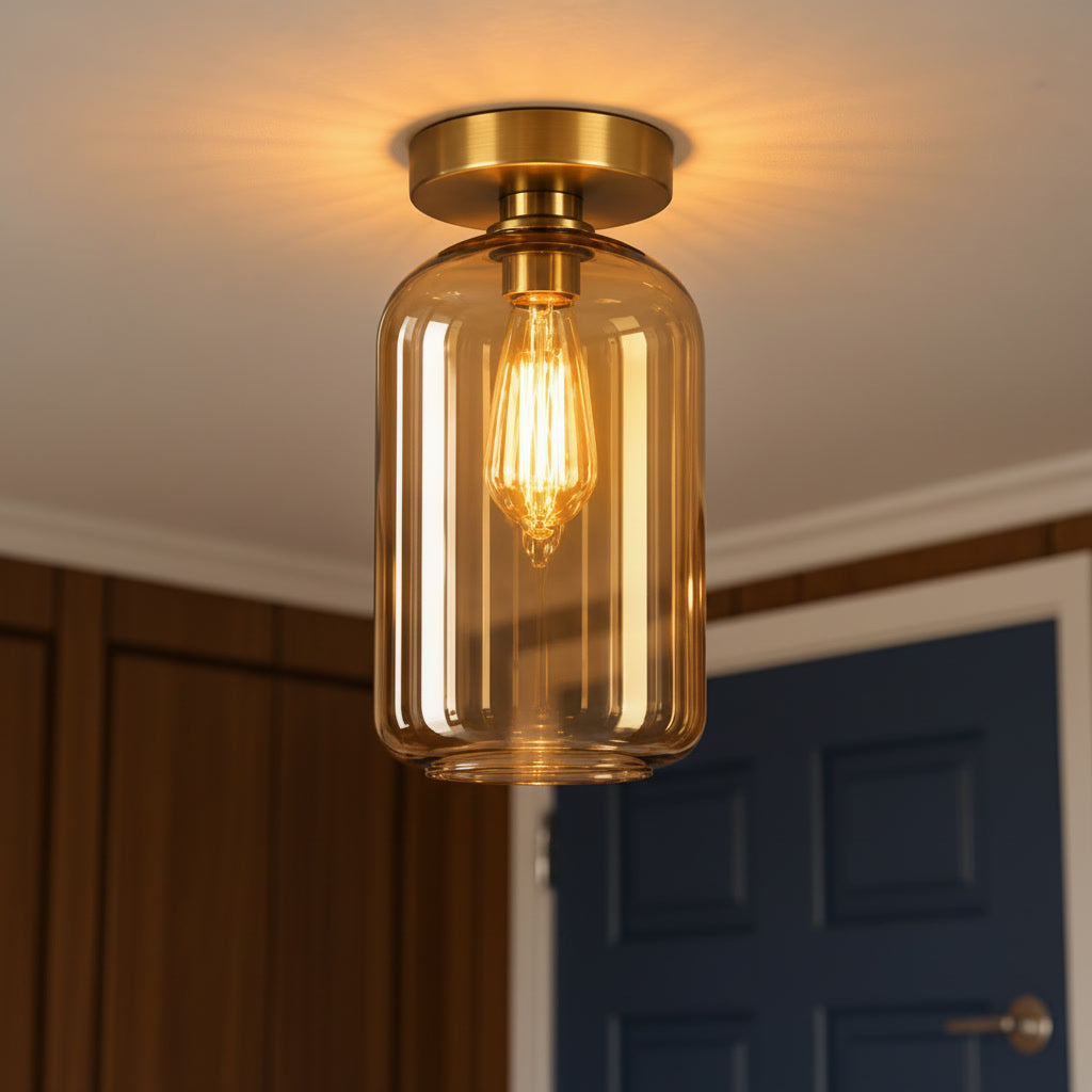 Amber Glass Flush Mount Ceiling Light – Handmade Modern Brass Ceiling Fixture