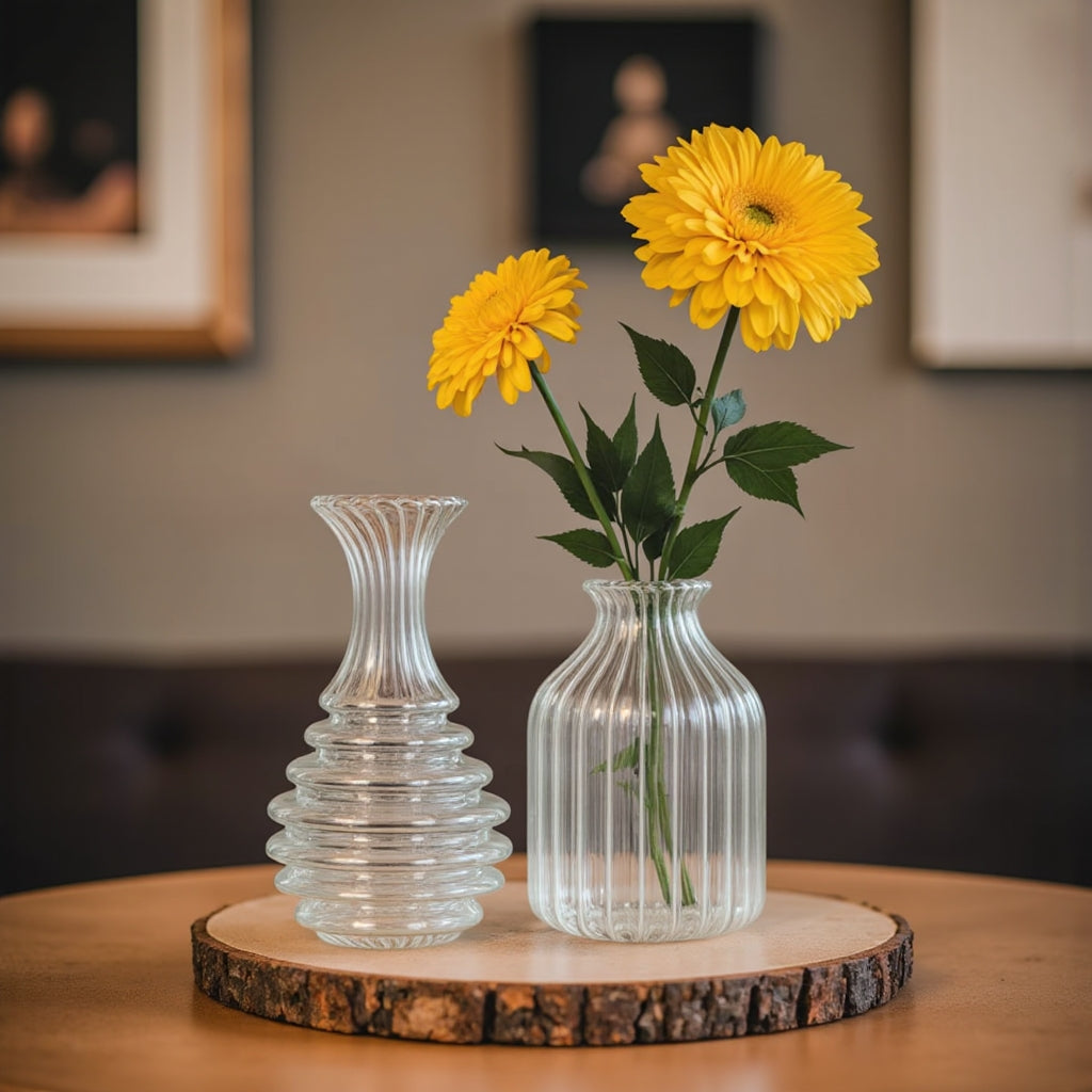 Hand Blown Clear Glass Vase – Ribbed Artisan Flower Vase