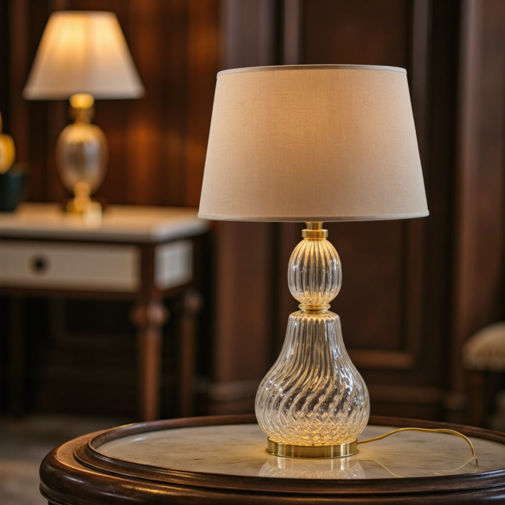Hand Blown Ribbed Glass Table Lamp – Clear Glass & Brass Bedside Lighting