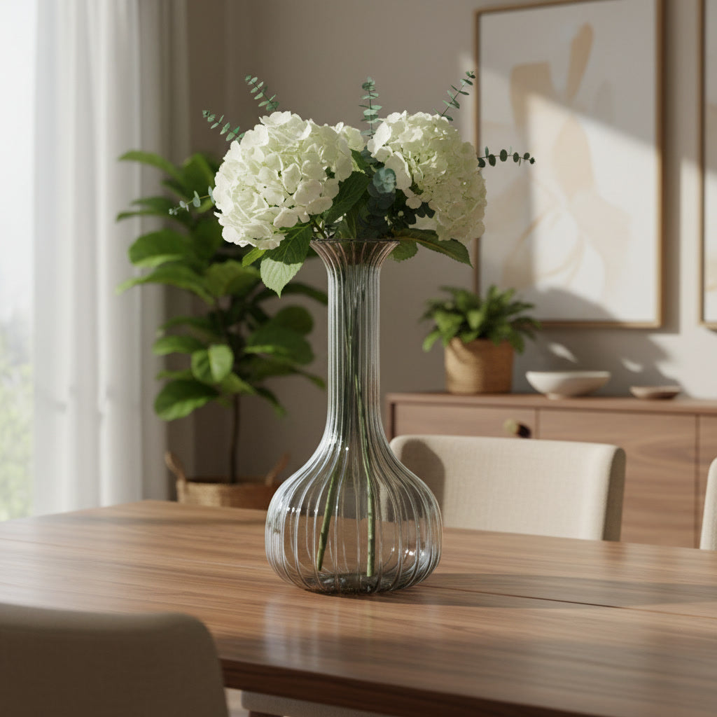 Hand Blown Ribbed Glass Vase – Tall Flower Vase