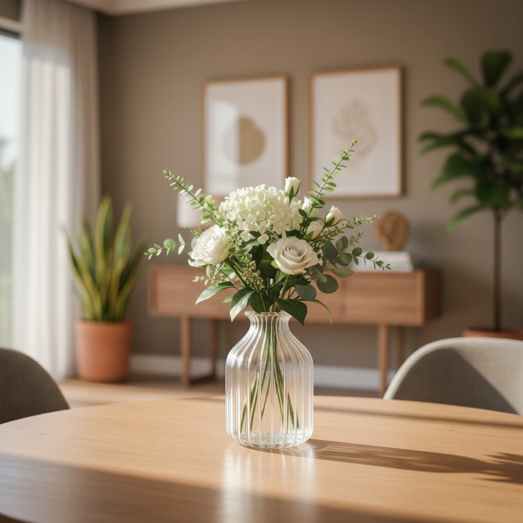 Hand Blown Clear Glass Vase – Ribbed Artisan Flower Vase