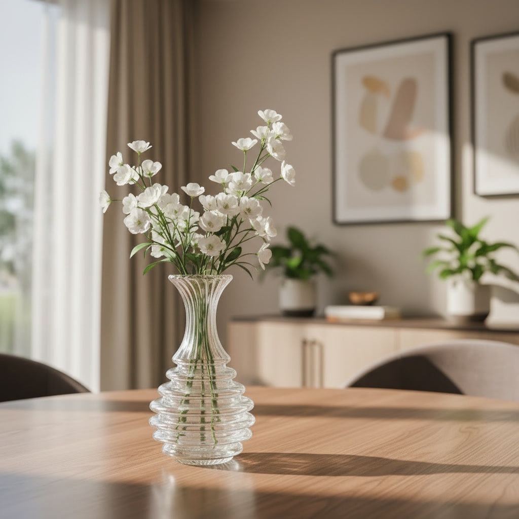 Hand Blown Clear Glass Vase – Ribbed Artisan Flower Vase