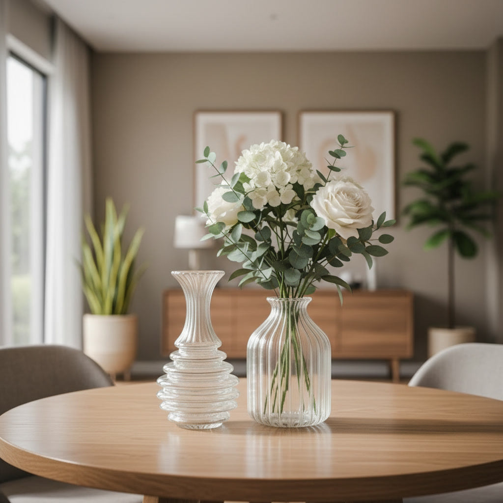 Hand Blown Clear Glass Vase – Ribbed Artisan Flower Vase