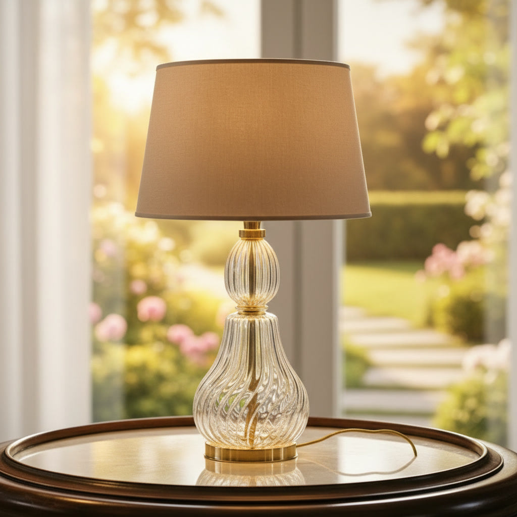 Hand Blown Ribbed Glass Table Lamp – Clear Glass & Brass Bedside Lighting