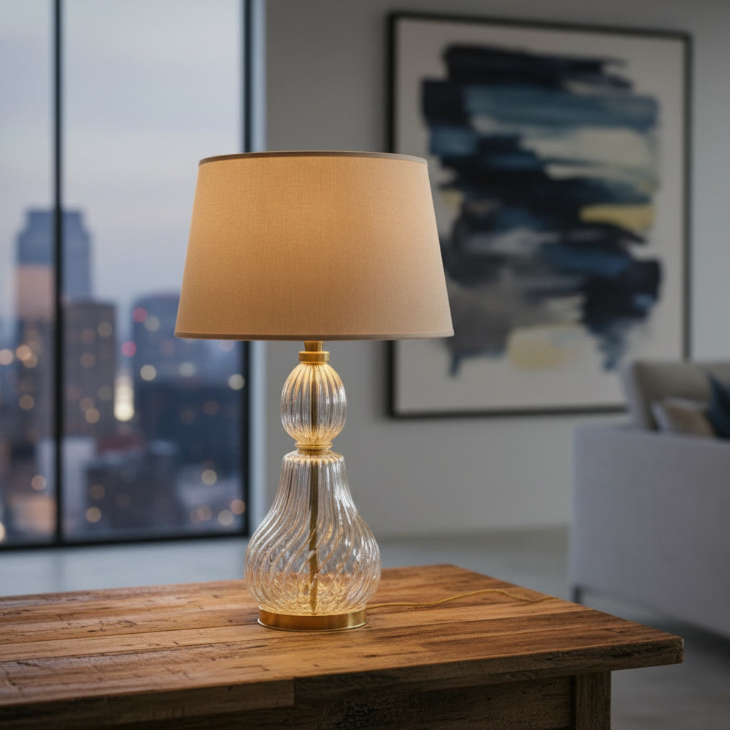 Hand Blown Ribbed Glass Table Lamp – Clear Glass & Brass Bedside Lighting