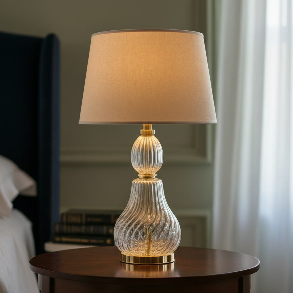 Hand Blown Ribbed Glass Table Lamp – Clear Glass & Brass Bedside Lighting