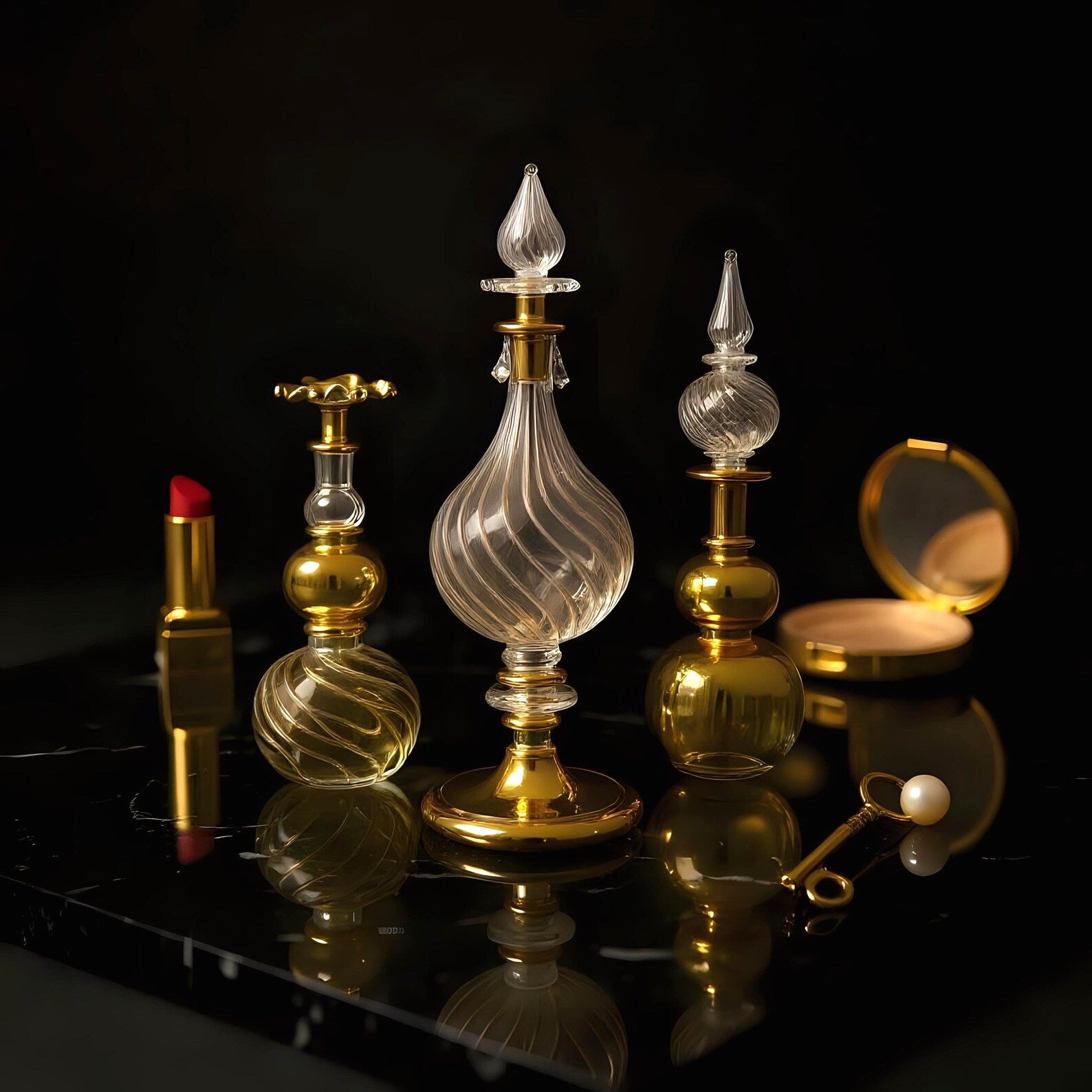 Hand Blown Glass Perfume Bottle: 14k Gold Trim, Egyptian Decor