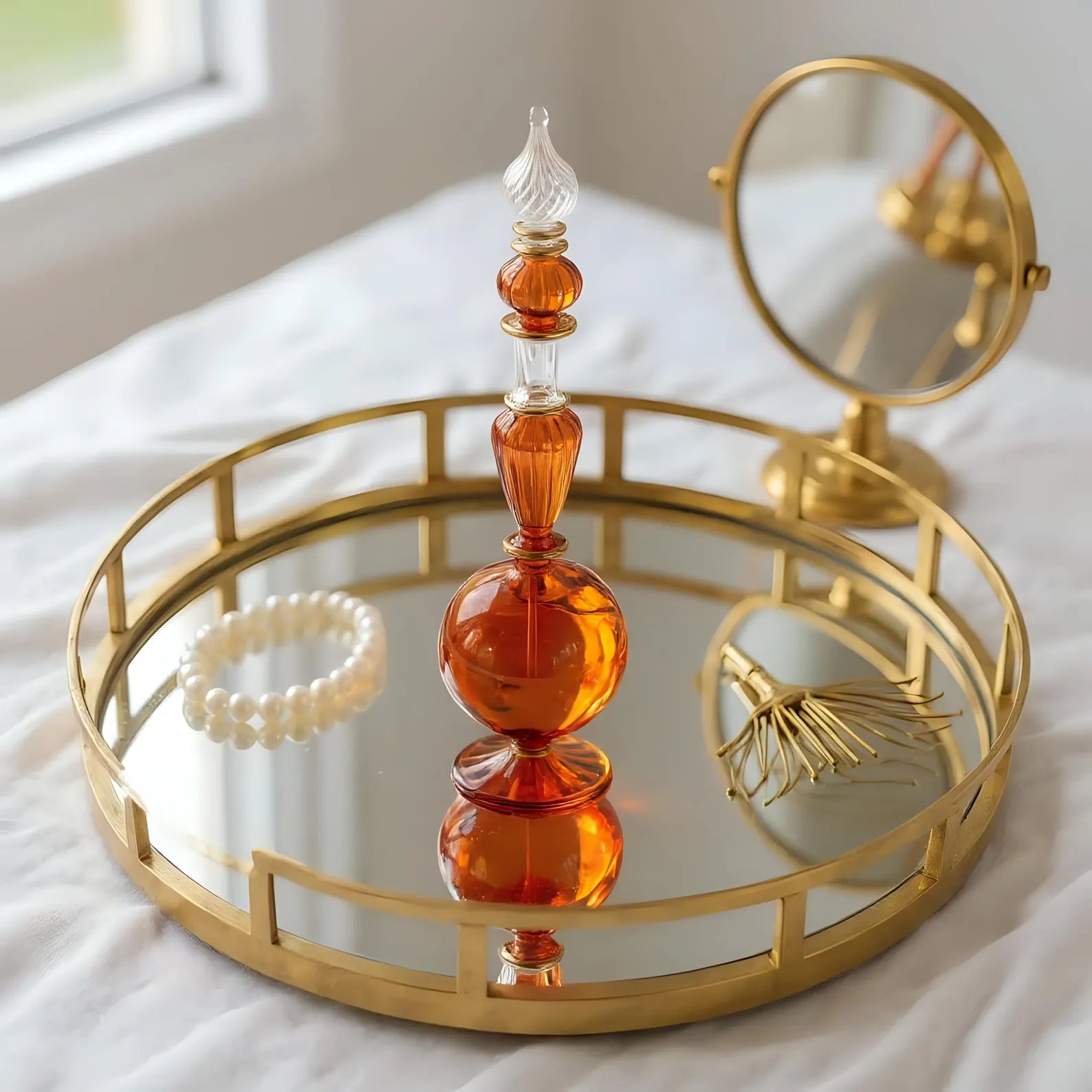 Hand Blown Glass Perfume Bottle: Egyptian Decor, 14k Gold Detail