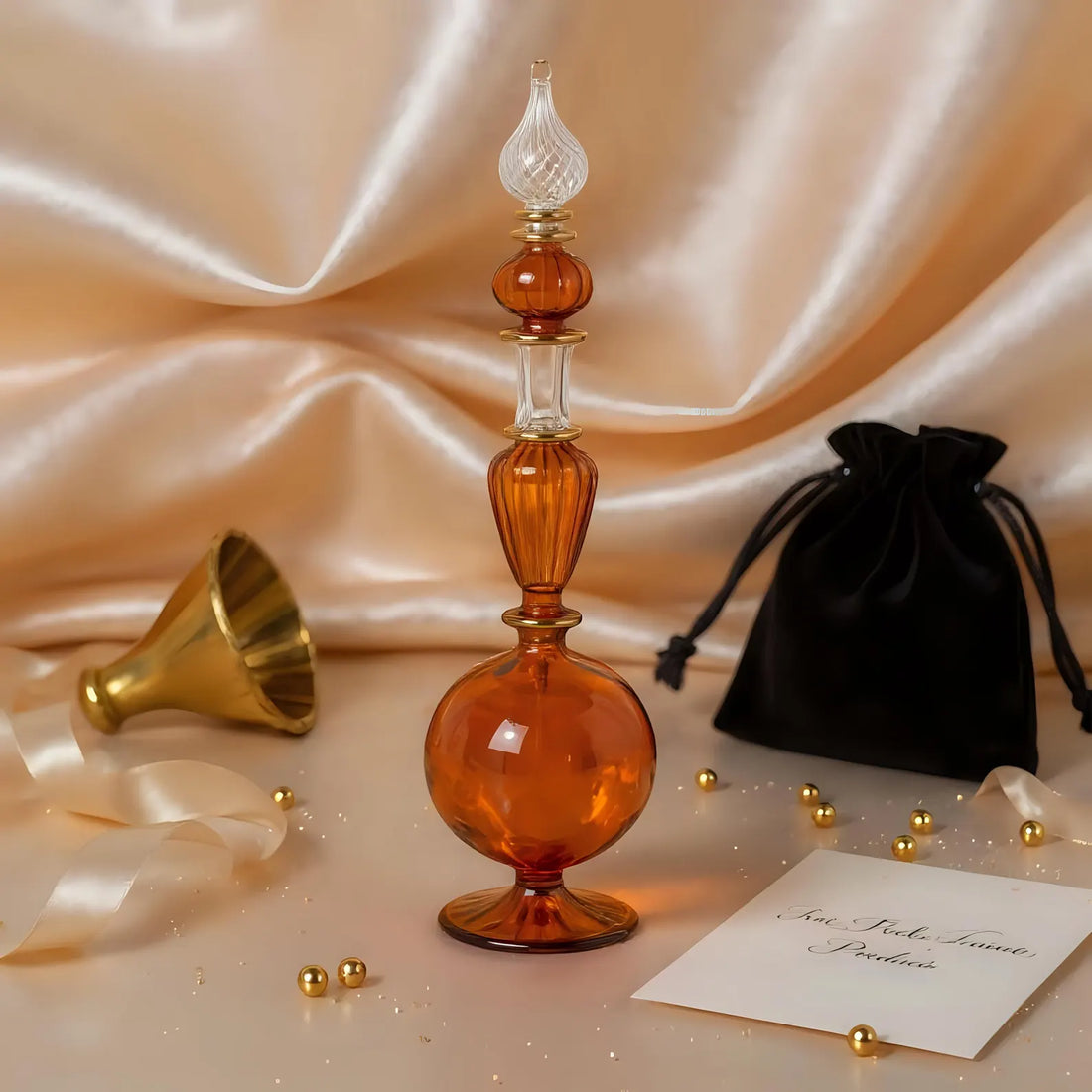 Hand Blown Glass Perfume Bottle: Egyptian Decor, 14k Gold Detail