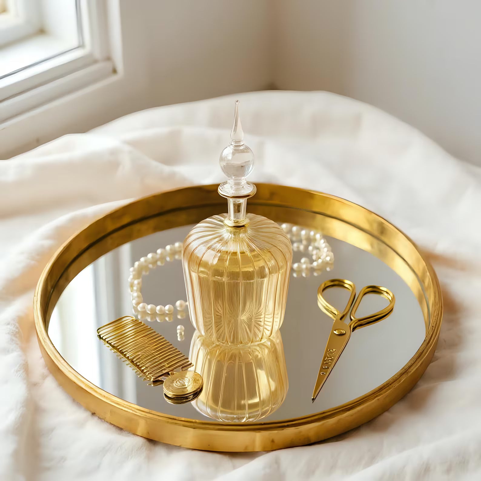 Hand Blown Glass Perfume Bottle: 14k Gold Accents, Elegant Home Decor