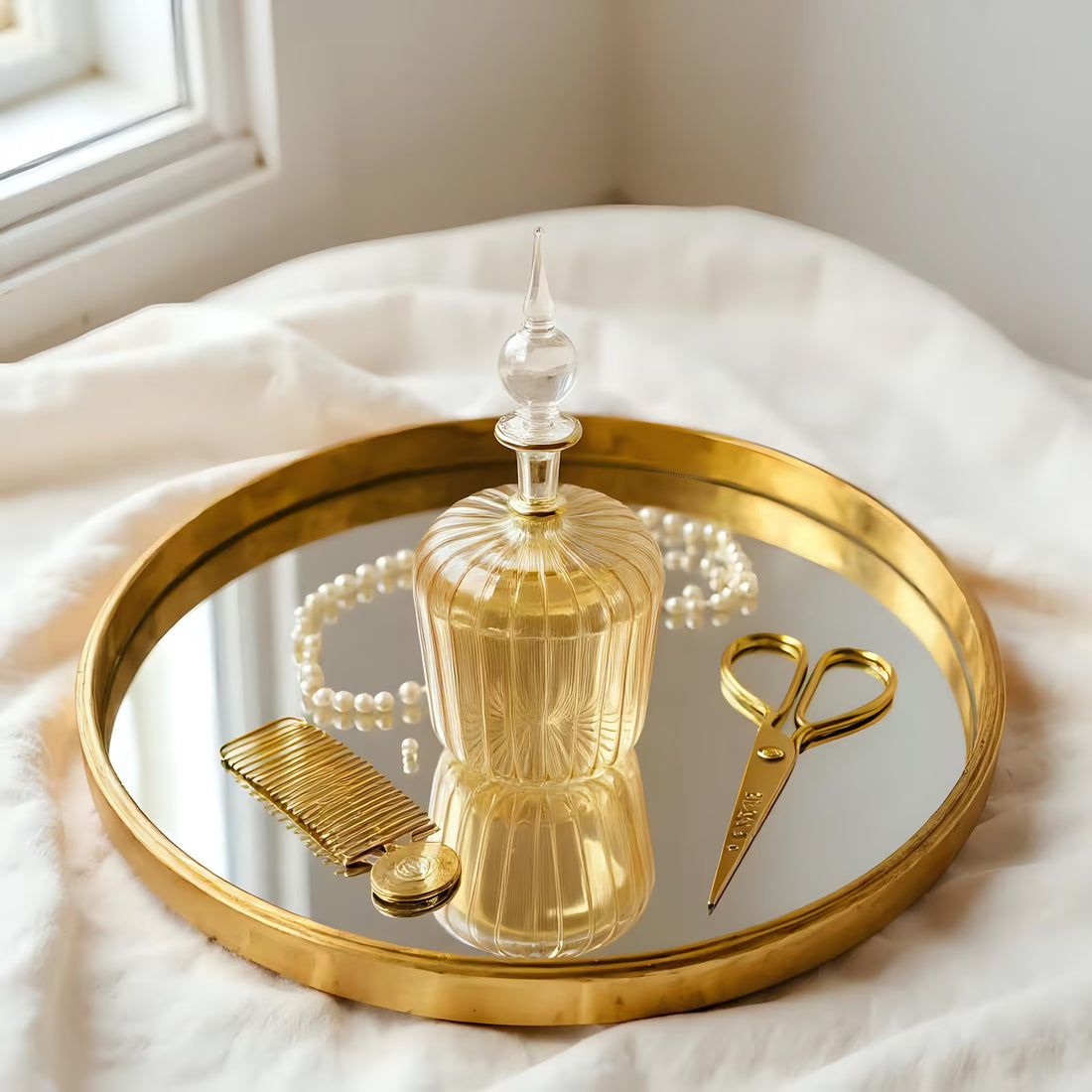 Hand Blown Glass Perfume Bottle: 14k Gold Accents, Elegant Home Decor
