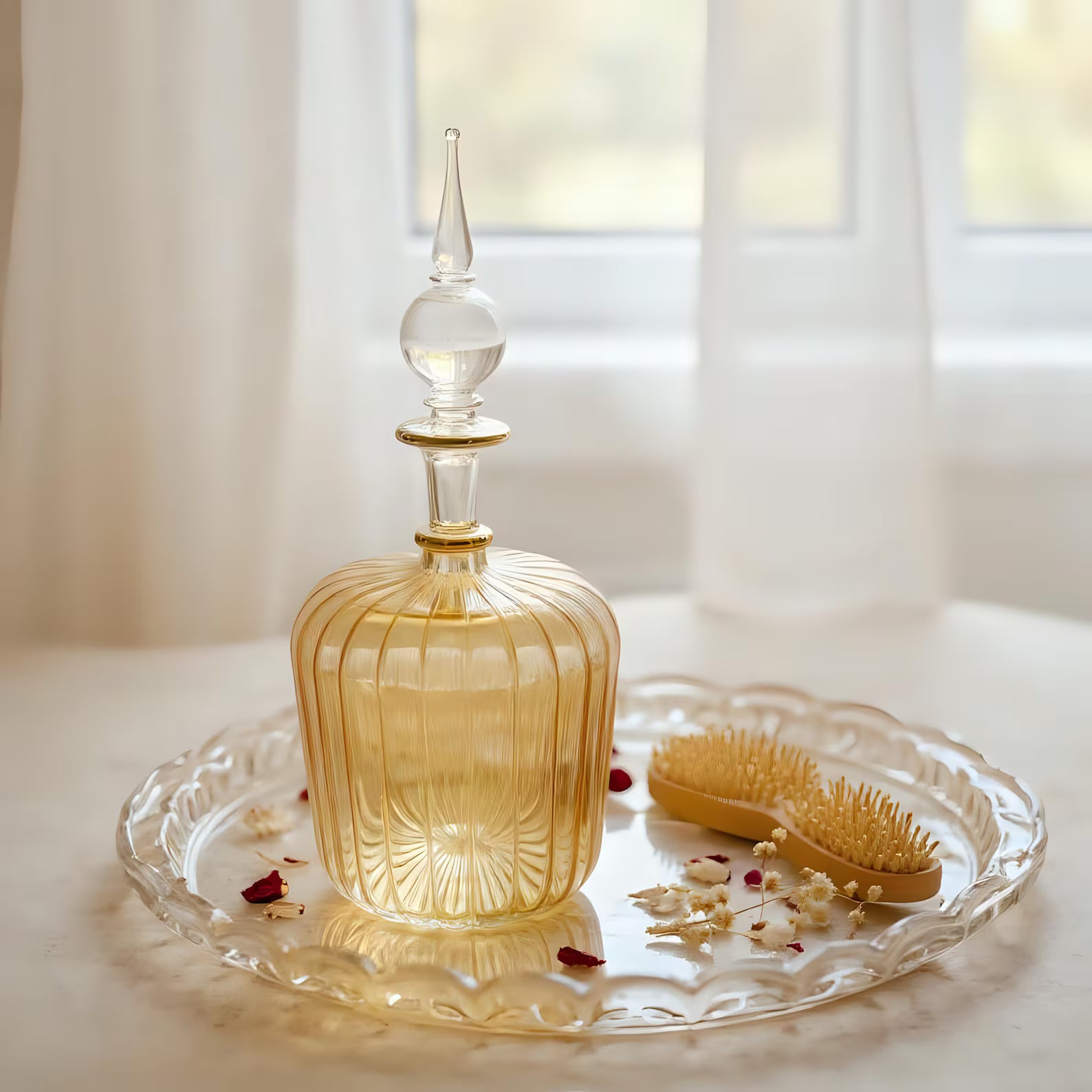 Hand Blown Glass Perfume Bottle: 14k Gold Accents, Elegant Home Decor