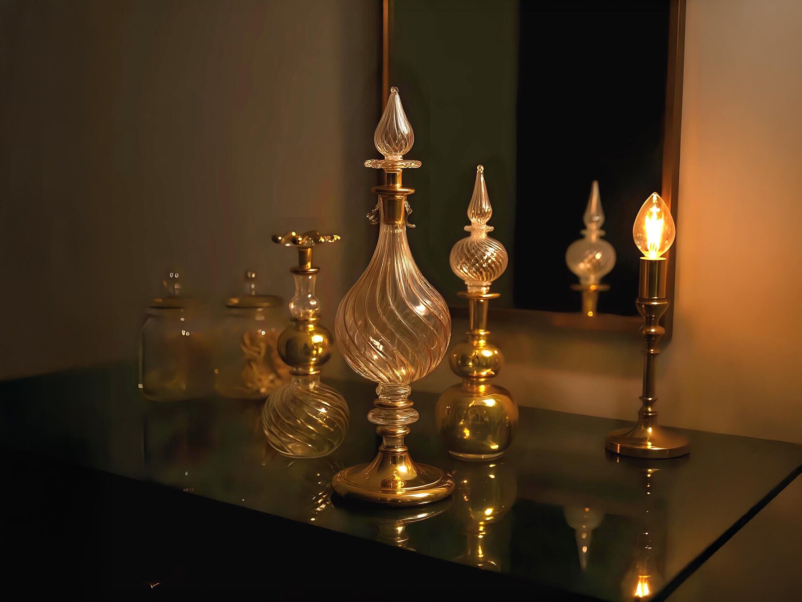 Hand Blown Glass Perfume Bottle: 14k Gold Trim, Egyptian Decor