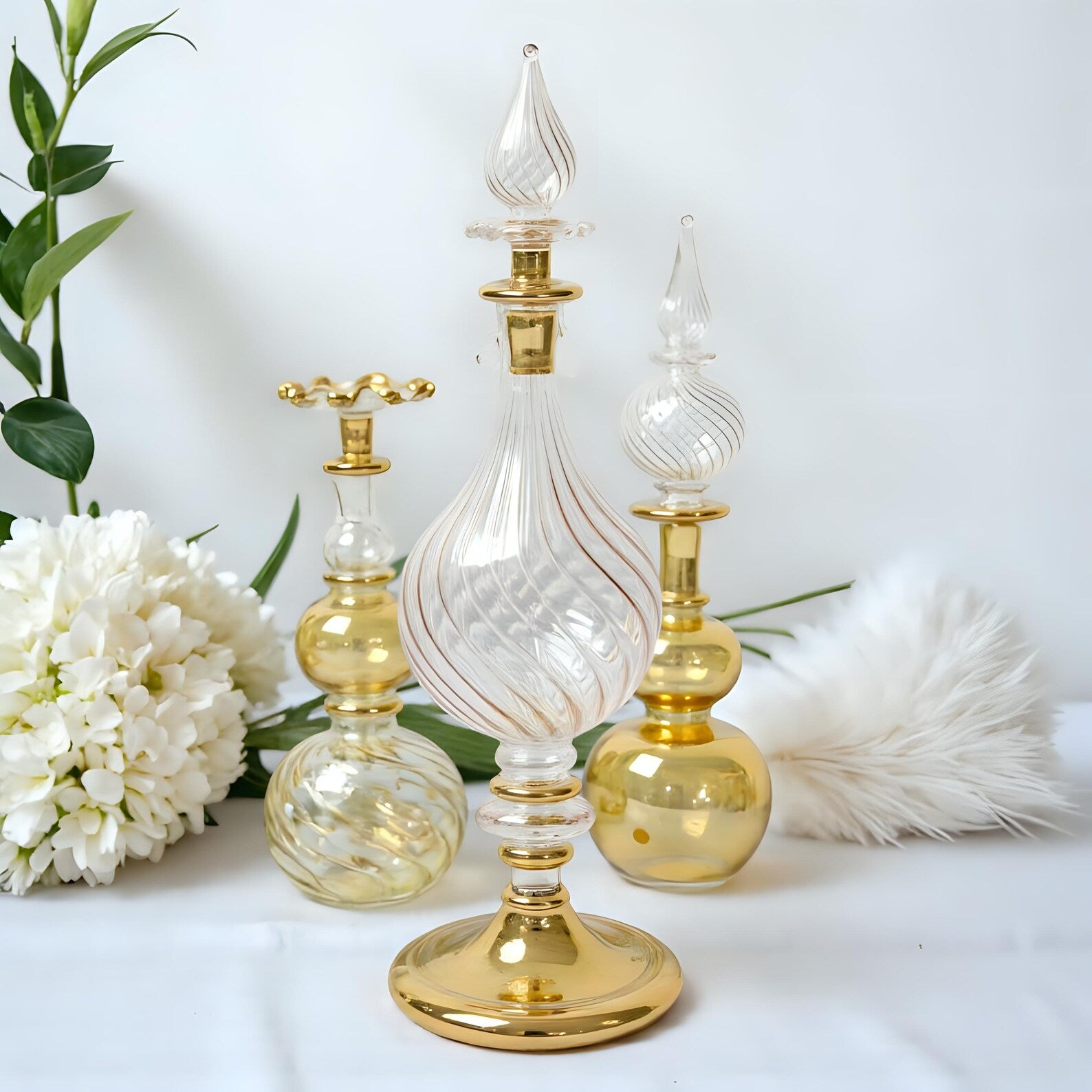 Hand Blown Glass Perfume Bottle: 14k Gold Trim, Egyptian Decor