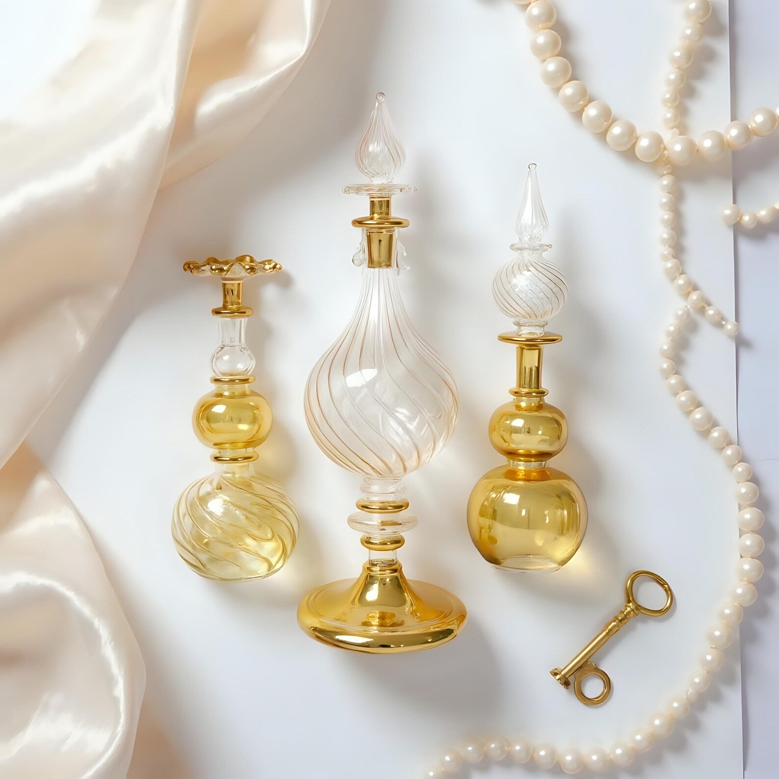 Hand Blown Glass Perfume Bottle: 14k Gold Trim, Egyptian Decor