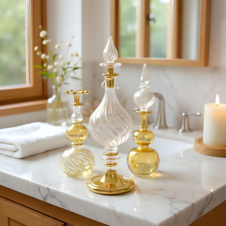 Hand Blown Glass Perfume Bottle: 14k Gold Trim, Egyptian Decor