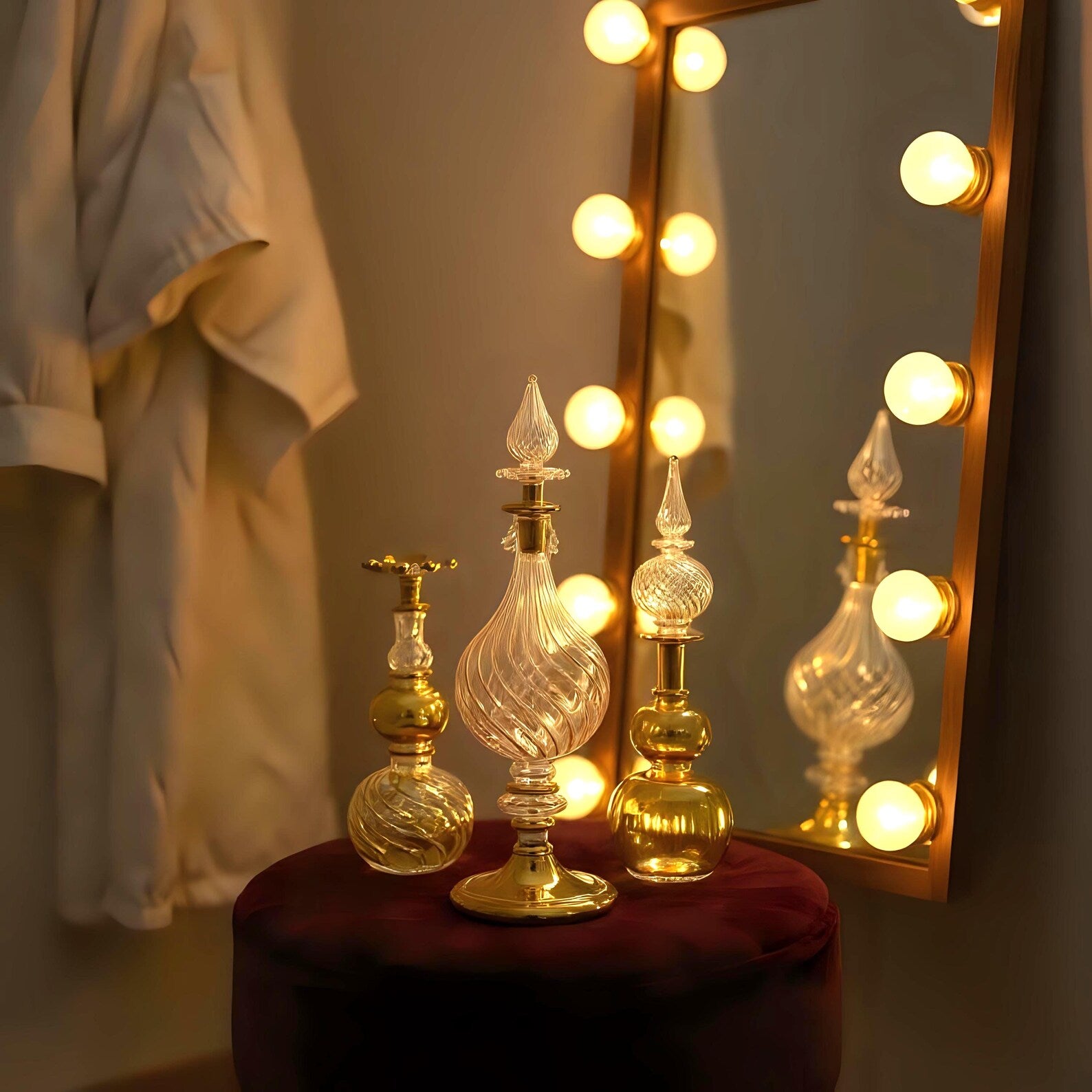 Hand Blown Glass Perfume Bottle: 14k Gold Trim, Egyptian Decor