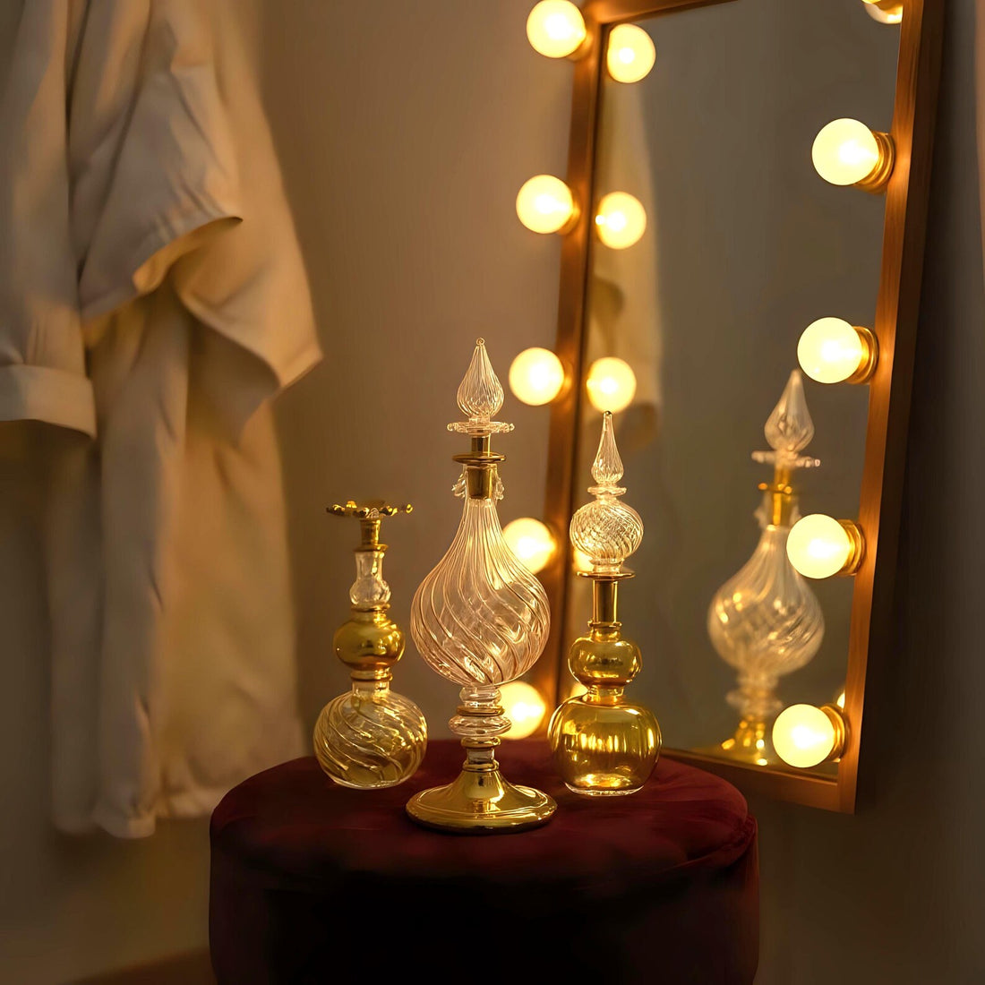 Hand Blown Glass Perfume Bottle: 14k Gold Trim, Egyptian Decor