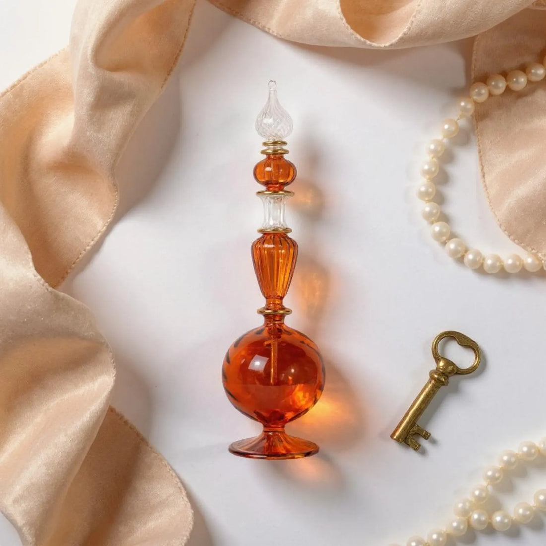 Hand Blown Glass Perfume Bottle: Egyptian Decor, 14k Gold Detail