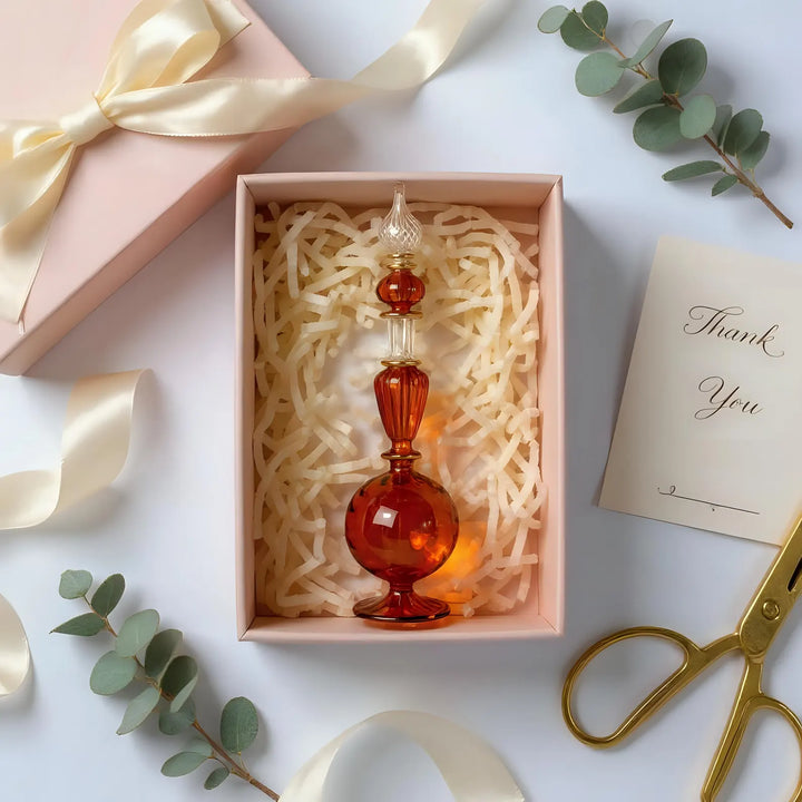 Hand Blown Glass Perfume Bottle: Egyptian Decor, 14k Gold Detail