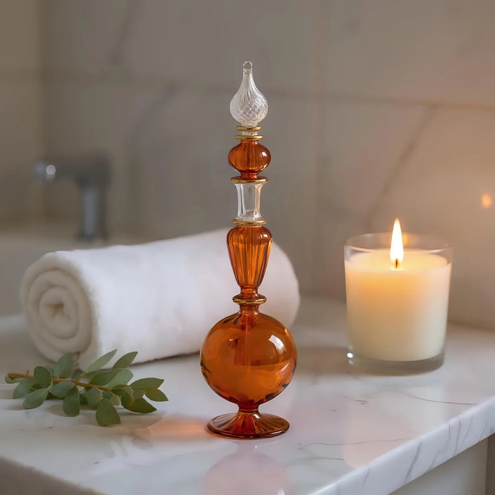 Hand Blown Glass Perfume Bottle: Egyptian Decor, 14k Gold Detail