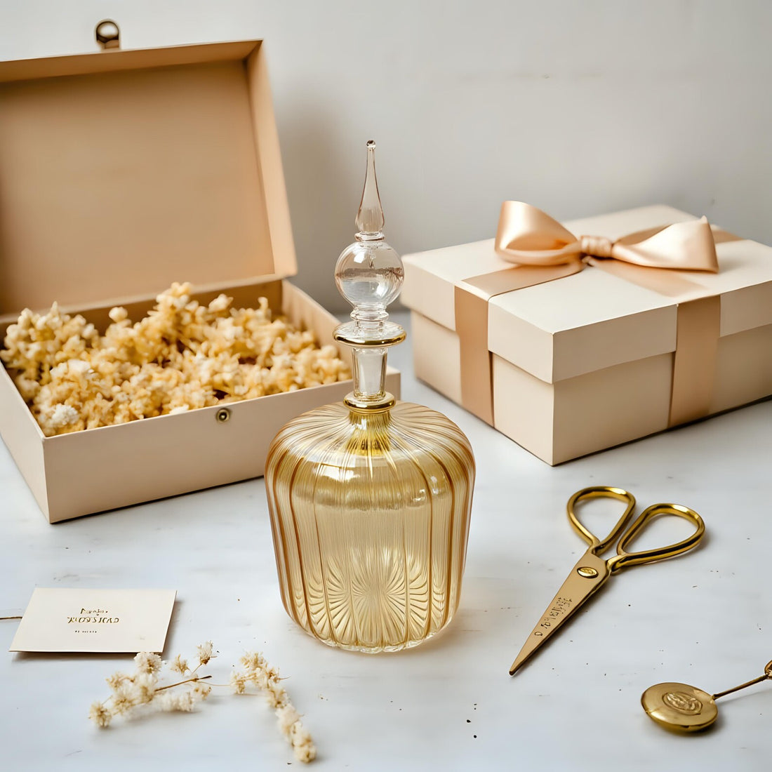 Hand Blown Glass Perfume Bottle: 14k Gold Accents, Elegant Home Decor