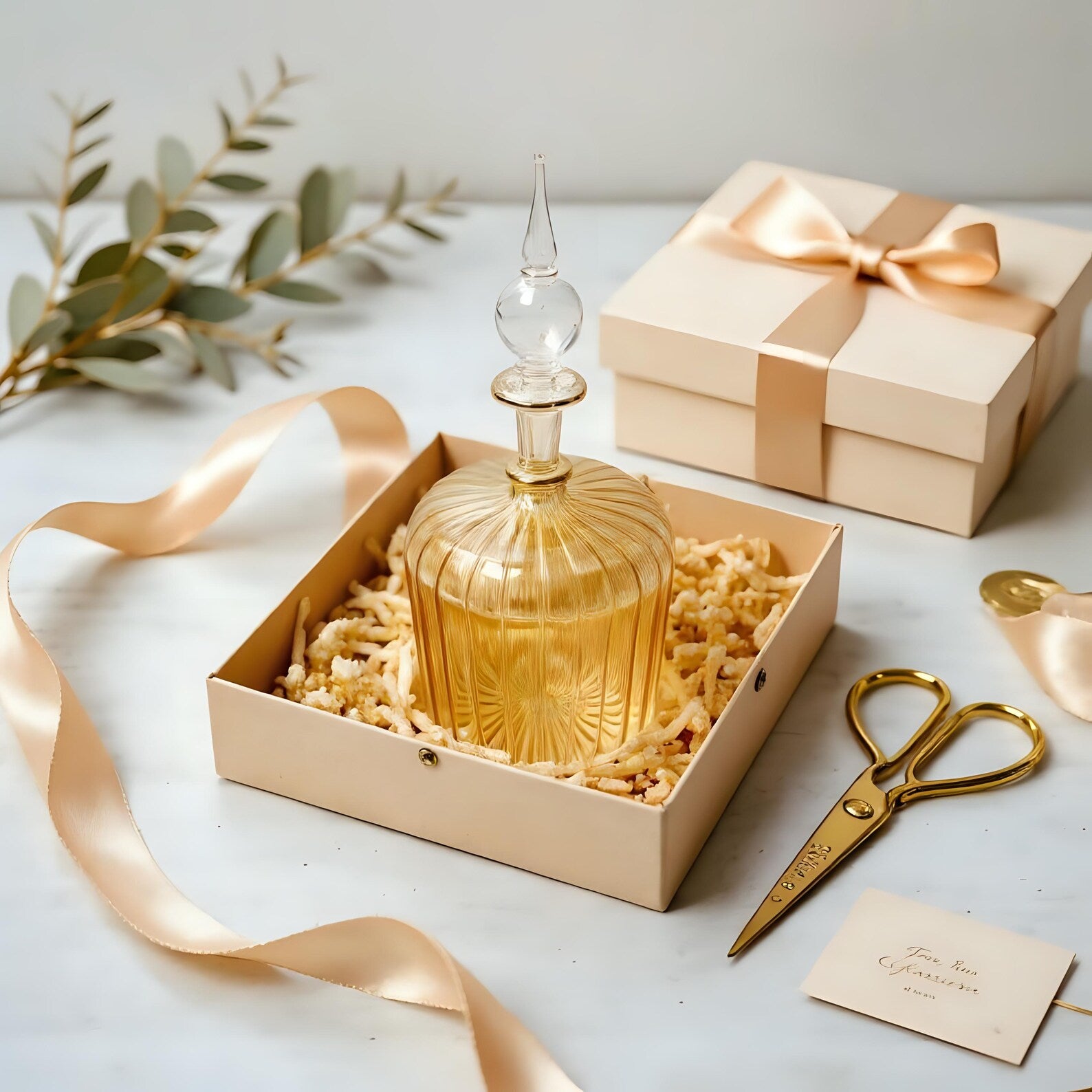 Hand Blown Glass Perfume Bottle: 14k Gold Accents, Elegant Home Decor