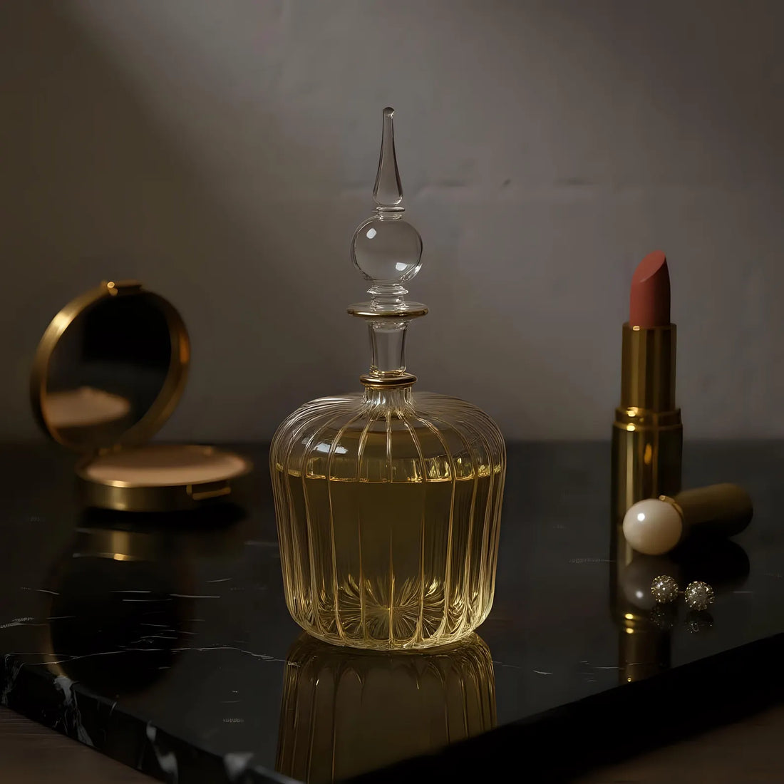 Hand Blown Glass Perfume Bottle: 14k Gold Accents, Elegant Home Decor
